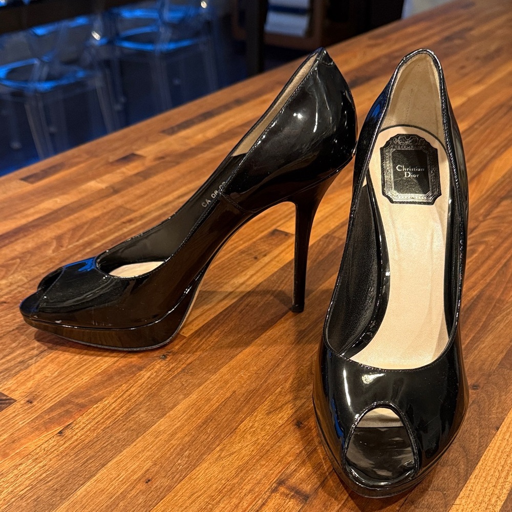 Dior Patent Leather Black Peep Toe Platform Heels Size 40